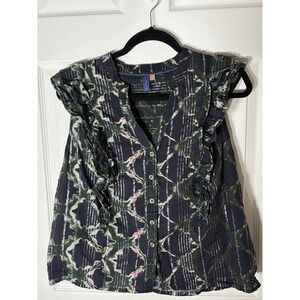 Anthropologie Pilcro Top Womens Sz Med Black Motiff Metallic Ruffle Button Up